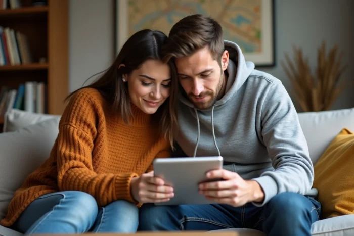 Couple cherchant un appartement à louer en comparant des annonces immobilières sur une tablette dans leur salon