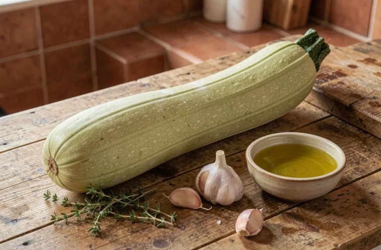 Courge longue de Nice entière posée sur un plan de travail en bois rustique avec ail, thym et huile d'olive