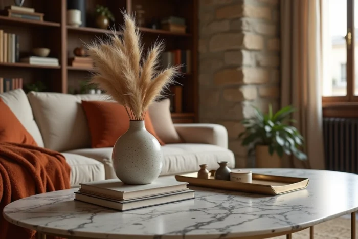 Arrangement décoratif tendance sur table en marbre dans un appartement parisien au style intérieur raffiné