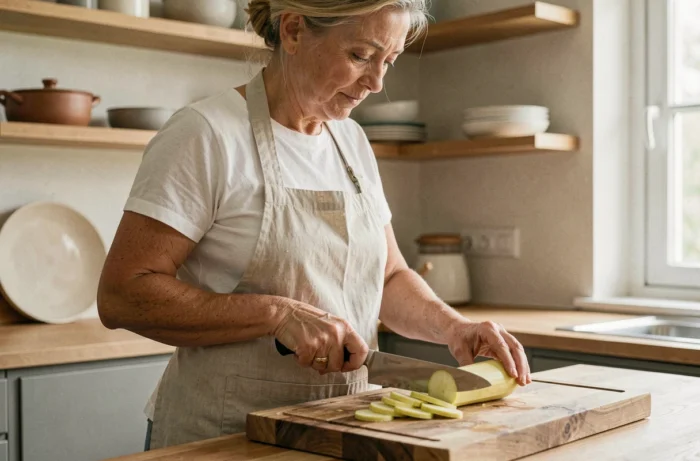 Femme tranchant des rondelles de courge longue de Nice sur une planche à découper en bois dans une cuisine familiale