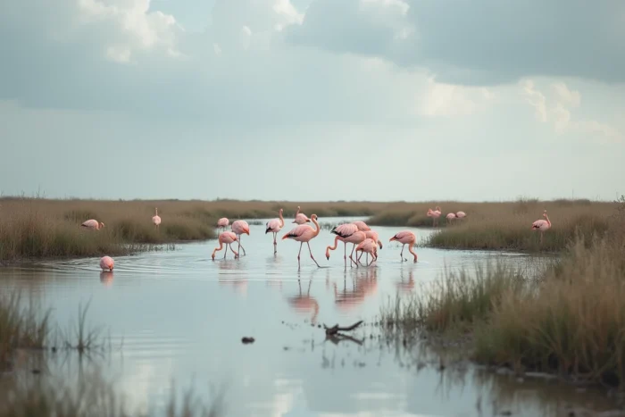 Delta du Rhône en Camargue avec flamants roses dans les marais, zones humides typiques du sud de la France au coucher de soleil nuageux
