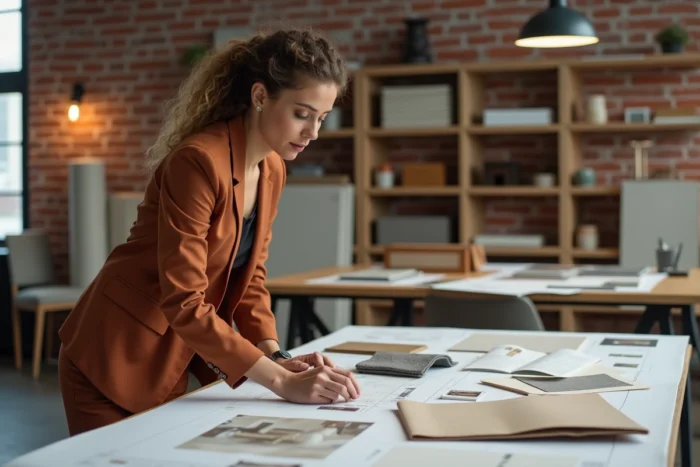 Designer d'intérieur étudiant des échantillons de matériaux et catalogues de mobilier dans un atelier de création moderne