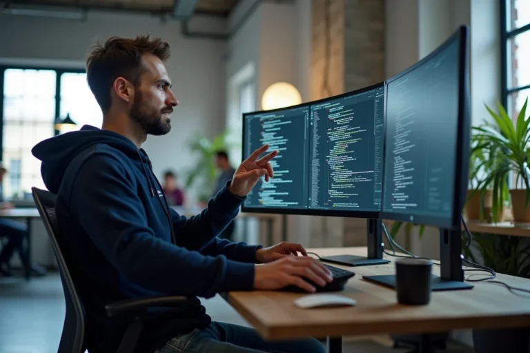Développeur en train de collaborer avec une interface d'intelligence artificielle sur deux écrans dans un bureau moderne