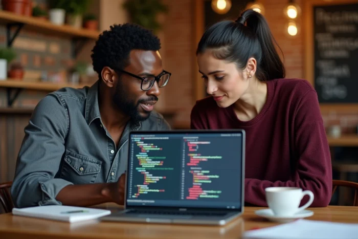 Deux développeurs examinant ensemble un outil de programmation assistée par IA dans un espace de coworking