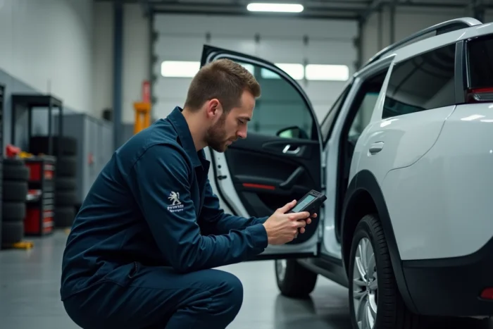 Technicien automobile diagnostiquant un voyant orange sur une Peugeot 5008 avec un scanner OBD2