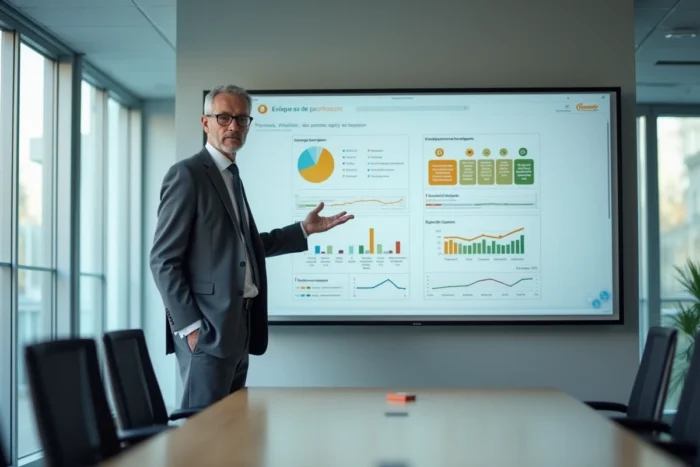 Un directeur d'école présente les nouvelles fonctionnalités du LSU Versailles 2026 sur un tableau interactif en salle de réunion