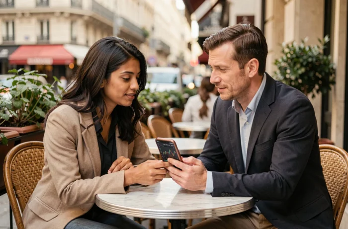 Deux personnes discutant d'investissement en bourse sur une application mobile en terrasse de café à Paris