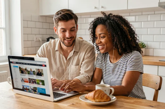 Deux personnes regardant ensemble un média numérique français sur un ordinateur portable dans une cuisine moderne