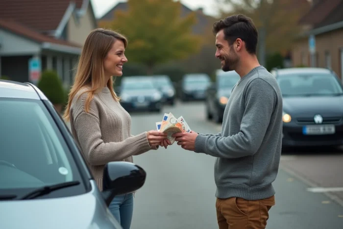 Conductrice et passager échangeant un paiement en liquide en euros devant une voiture sur un parking lors d'un trajet BlaBlaCar