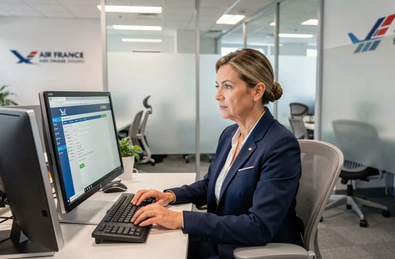 Employée Air France en uniforme se connectant à l'intranet Intralignes sur un ordinateur de bureau en open space