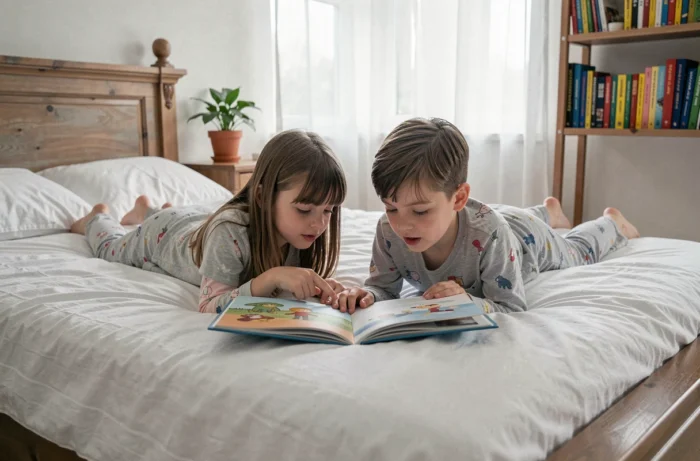 Deux enfants lisant un livre illustré ensemble allongés sur un lit dans leur chambre