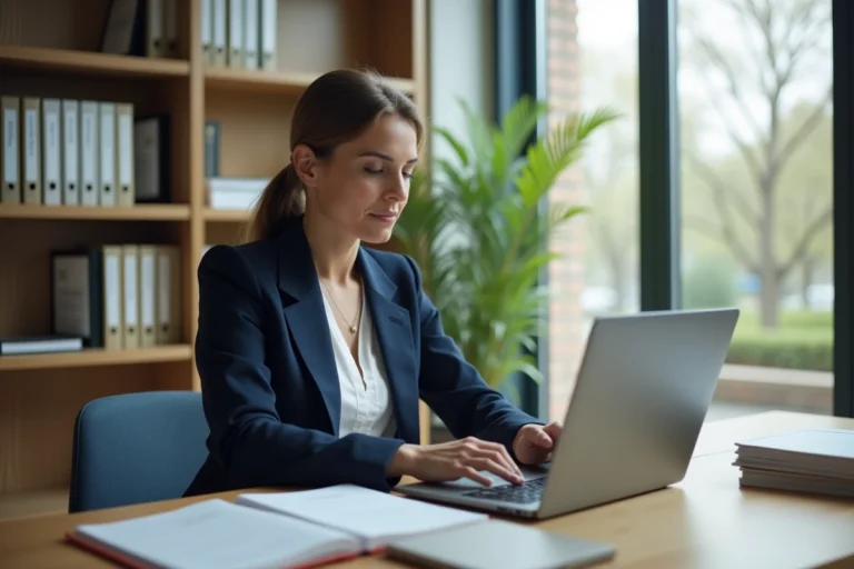 Enseignante connectée au portail IProf de l'académie de Versailles sur son ordinateur portable dans un bureau scolaire