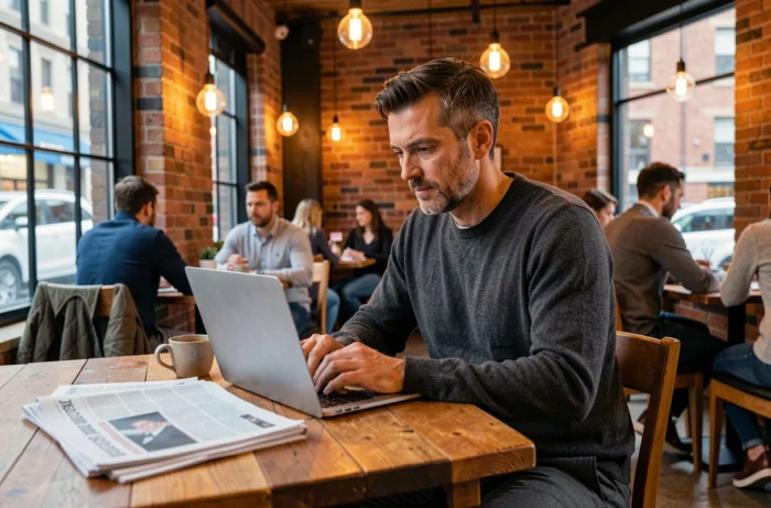Entrepreneur travaillant sur ordinateur portable dans un espace de coworking tendance avec journal économique