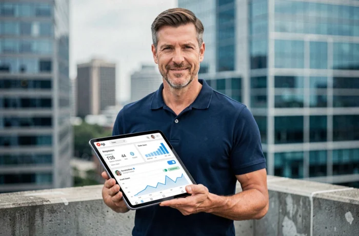 Entrepreneur masculin consultant un tableau de bord de réseaux sociaux sur une tablette sur une terrasse urbaine avec vue sur la ville