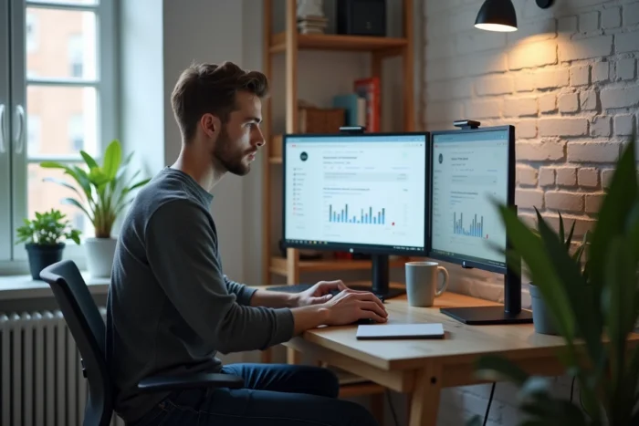 Un jeune entrepreneur travaillant seul sur des stratégies SEO et de réseaux sociaux pour améliorer la visibilité de son entreprise depuis un bureau à domicile