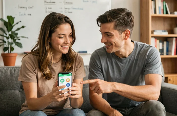 Deux jeunes entrepreneurs discutant d'une stratégie pour gagner de l'argent en ligne via Orange Money dans un espace de coworking