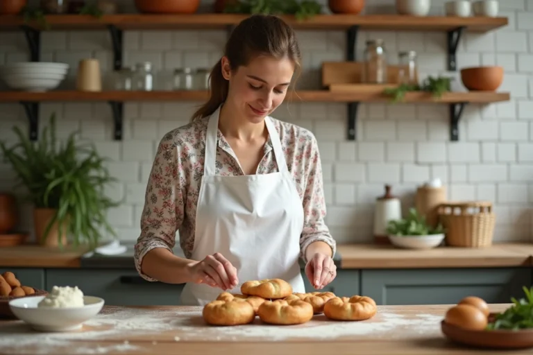 Entrepreneuse culinaire arrangeant des pâtisseries artisanales dans une cuisine maison chaleureuse et authentique