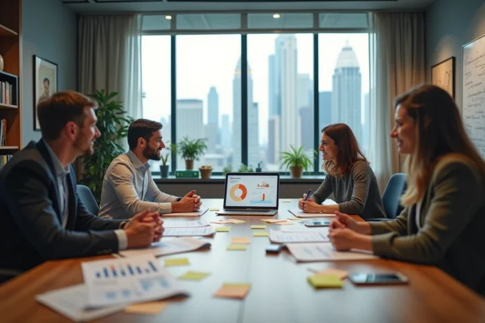 Une équipe de professionnels analysant des stratégies de visibilité autour d'une table de réunion avec des rapports et un tableau de bord numérique