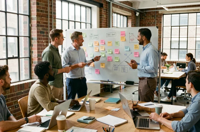 Équipe multiculturelle en session de brainstorming autour d'un tableau blanc avec des stratégies de visibilité en ligne dans un espace de coworking