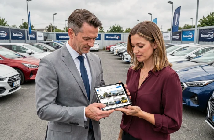 Deux employés d'une concession automobile consultant leur fiche Google Business Profile sur tablette pour améliorer leur visibilité locale en ligne