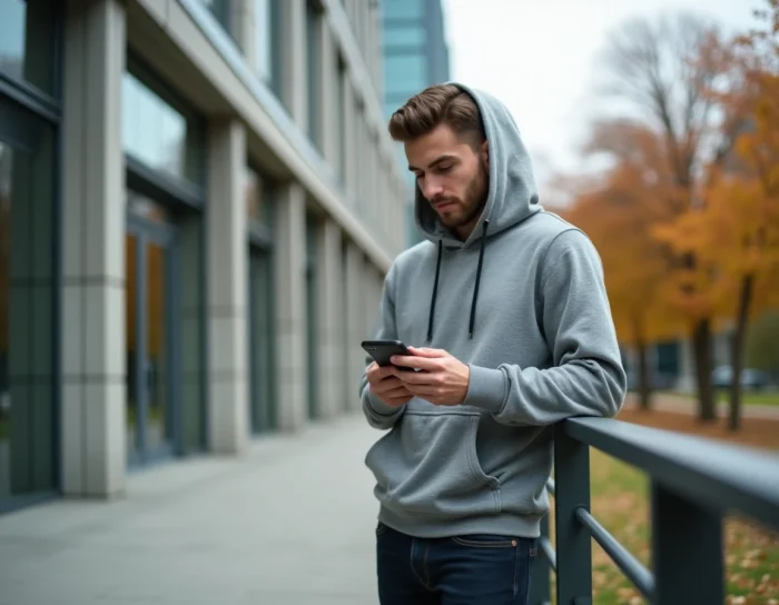 Étudiant consultant l'ENT CESI sur smartphone depuis le campus universitaire