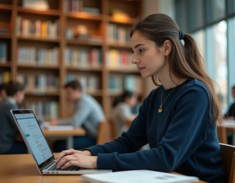 Étudiante accédant à l'ENT CESI sur ordinateur portable dans une bibliothèque universitaire