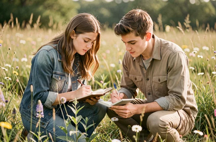 Étudiants en botanique observant des plantes à fleurs dans un pré lors d'une sortie de terrain sur la reproduction sexuée