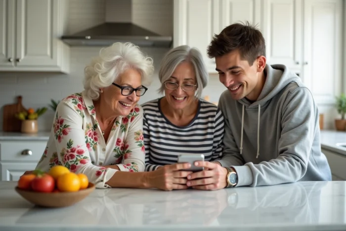 Famille multigénérationnelle découvrant ensemble comment créer et configurer un compte Famileo sur smartphone