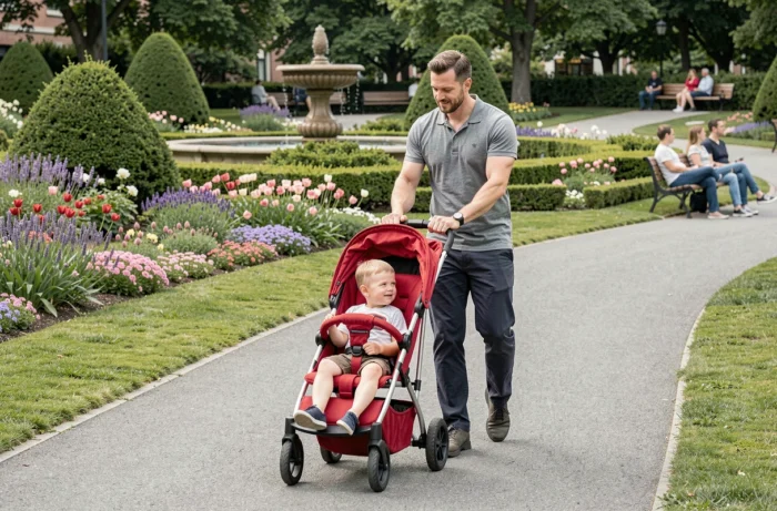 Père promenant son jeune enfant en poussette sur une allée d'un parc familial fleuri en ville