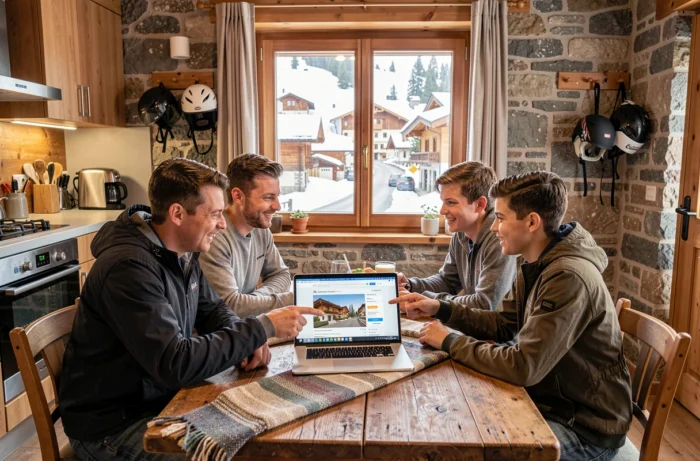 Famille réunie autour d'un ordinateur portable pour comparer et sélectionner un appartement de vacances aux Menuires Croisette