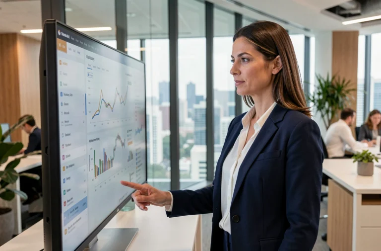 Femme d'affaires analysant des données financières sur écran tactile dans un bureau moderne en 2024