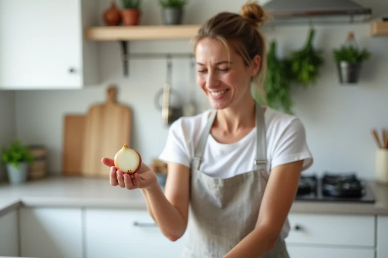 Femme allergique aux oignons tenant un oignon coupé en deux avec une expression d'inconfort dans une cuisine moderne