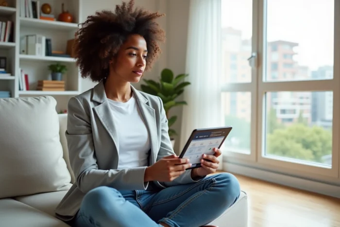Jeune femme analysant un tableau de bord comparatif entre Bitcoin et Ripple XRP sur une tablette dans un appartement moderne