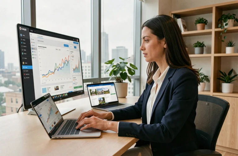 Femme professionnelle analysant des investissements immobiliers sur une plateforme en ligne depuis son bureau à domicile