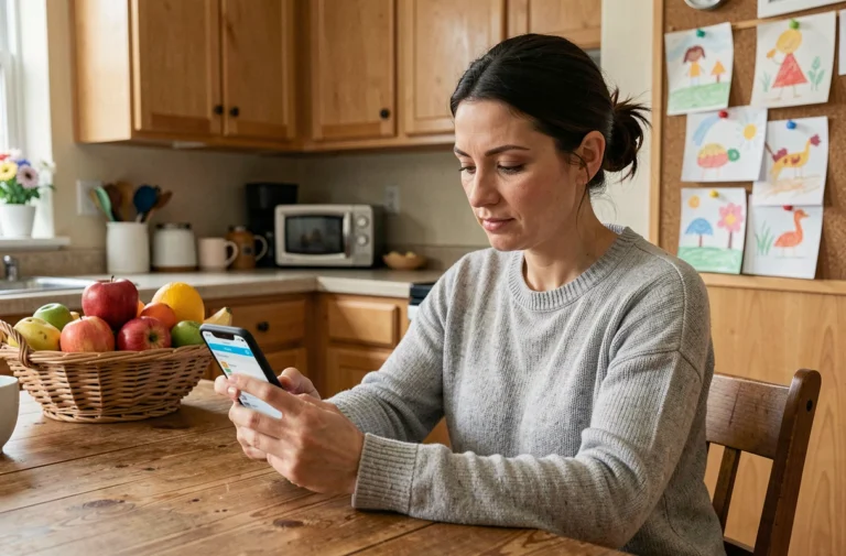 Femme consultant l'application FamilyWall sur son smartphone dans une cuisine familiale chaleureuse