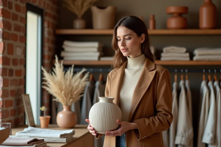 Femme élégante explorant une boutique de décoration et de mode tendance avec des vêtements en lin et des objets en céramique