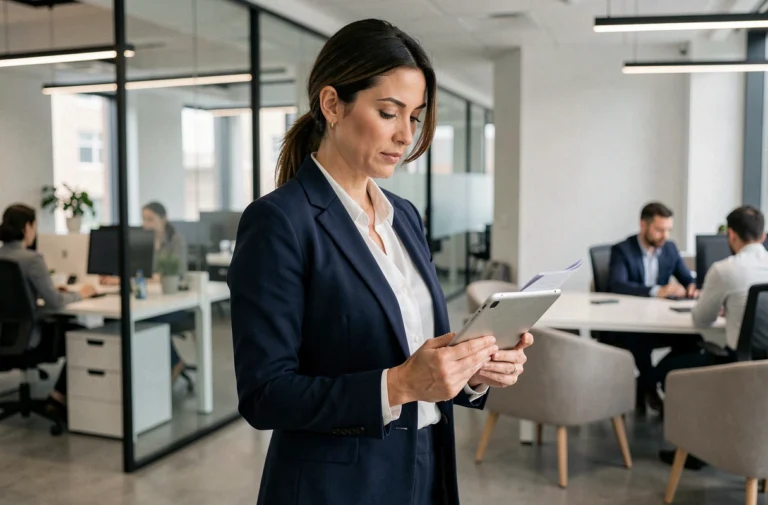 Femme cadre en entreprise consultant une tablette dans un bureau moderne ouvert, tendances business
