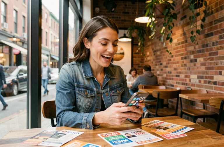 Femme souriante dans un café consultant des bons plans gratuits sur son smartphone entourée de flyers promotionnels