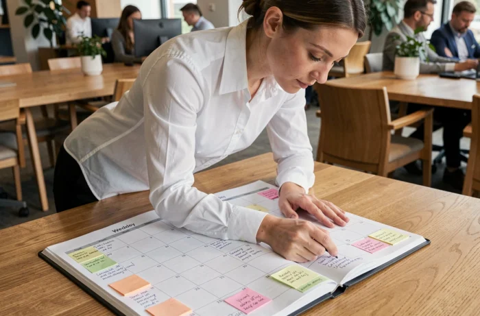 Femme professionnelle consultant un grand calendrier organisationnel papier sur un bureau en bois dans un bureau moderne