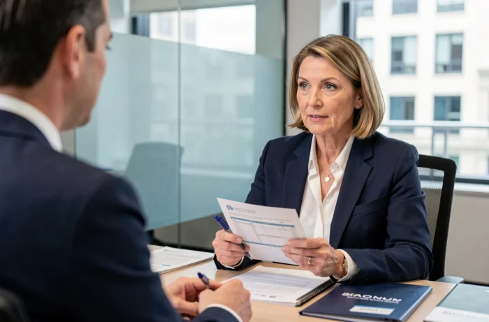 Femme en rendez-vous bancaire signant un contrat de prêt avec un conseiller financier