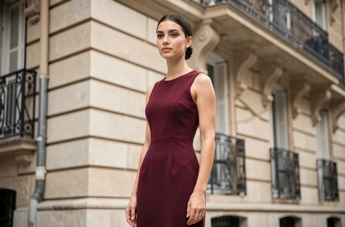 Femme française élégante en robe midi bordeaux devant une façade haussmannienne parisienne avec balcons en fer forgé