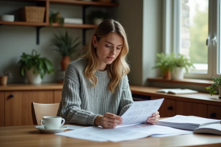 Femme consultant des ressources de gestion des finances personnelles à la maison avec un livre et des feuilles de budget