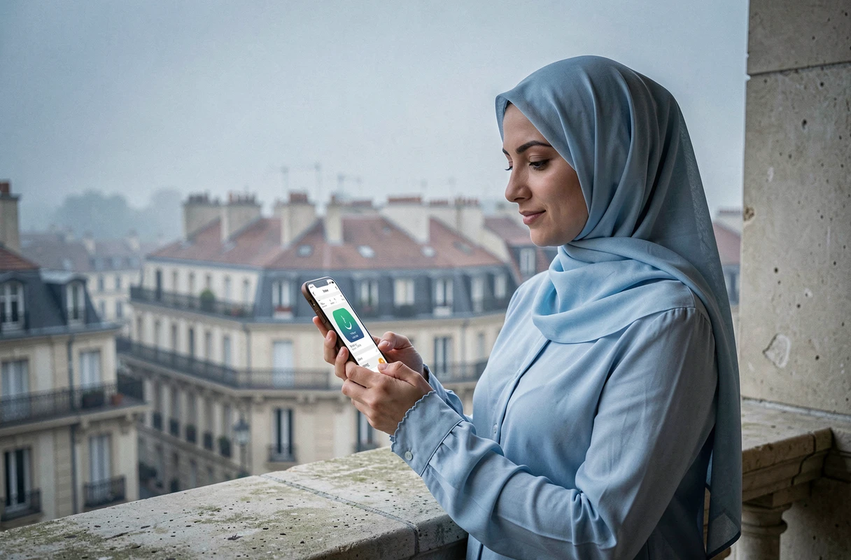 Femme en hijab consultant l'heure de la prière Fajr sur smartphone avec vue sur Bordeaux