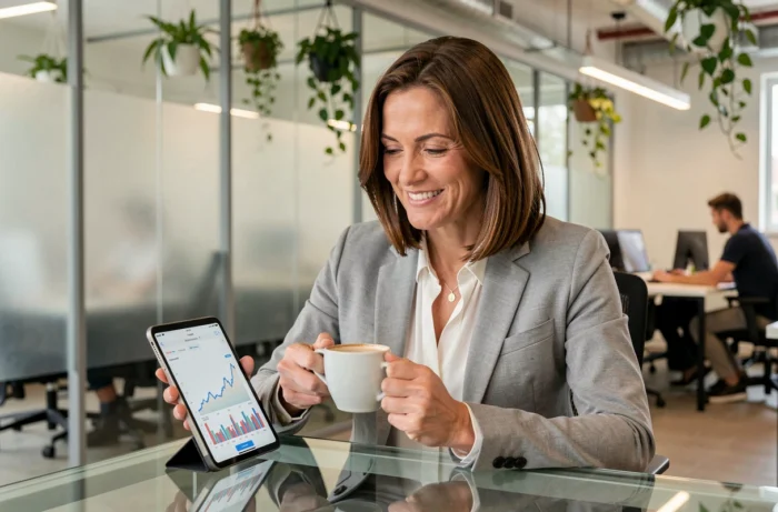 Femme investisseuse consultant son portefeuille boursier sur une tablette dans un espace de coworking moderne