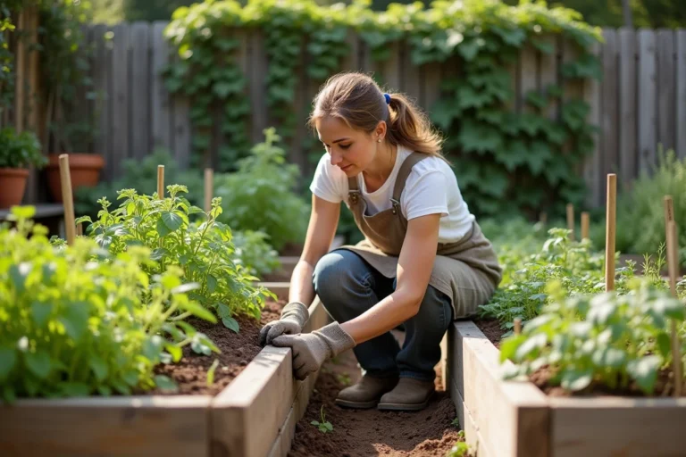 Femme jardinant dans un potager biologique avec des carrés de culture en bois, plantant des semis entourés de tomates et haricots