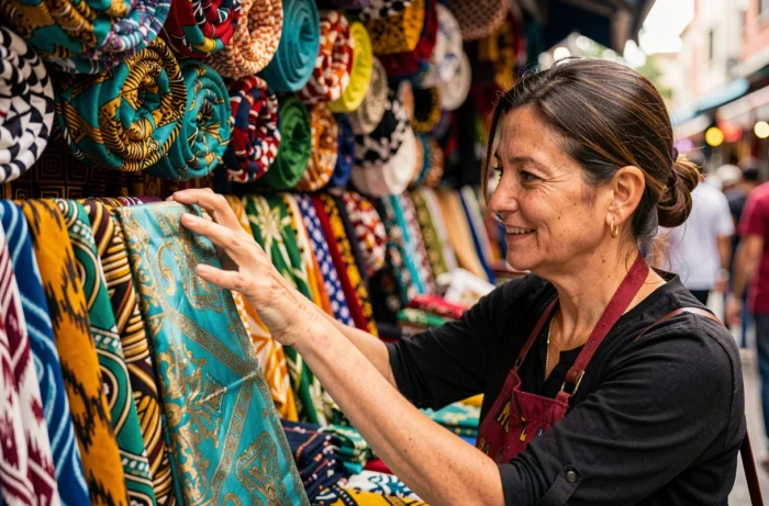Femme explorant un marché coloré avec des turbans et foulards aux motifs africains et batik