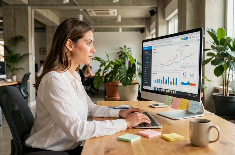 Femme professionnelle analysant des données de marketing digital sur un grand écran dans un bureau moderne ouvert
