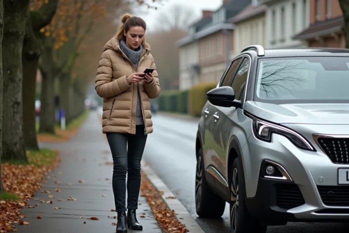 Femme inquiète consultant son téléphone à côté de sa Peugeot 5008 après l'apparition d'un voyant orange