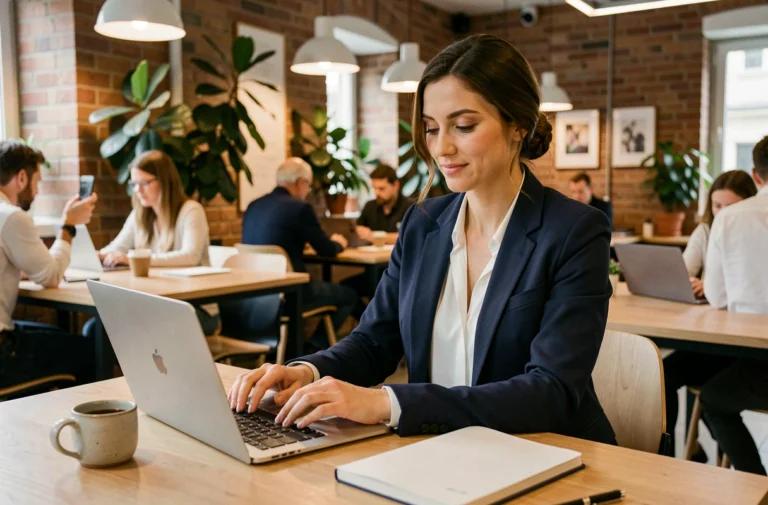Femme professionnelle travaillant sur un ordinateur portable dans un espace de coworking moderne au Luxembourg