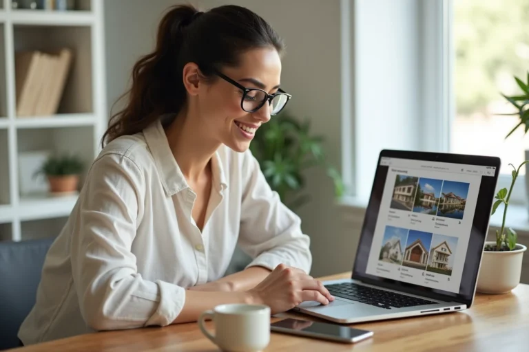 Femme cherchant des annonces immobilières en ligne sur un ordinateur portable dans un bureau à domicile